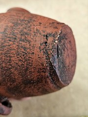 Vintage Mexican Terracotta Pottery Vase, Brass Copper Overlay Loop Handles, 5.5″
