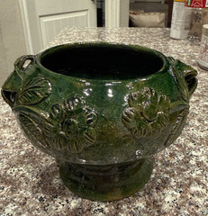 Vintage Green Redware Pottery piece from Oaxaca, Mexico, featuring an applied fl