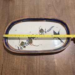 Vtg Tonala Mexican Pottery Platter Large Oval Hand Painted Bird Floral Blue Rim