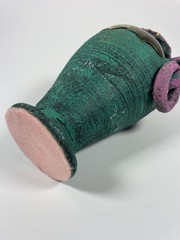 Vintage Mexican Art Pottery Vase Brass Mixed Metal 6″ Teal Purple READ