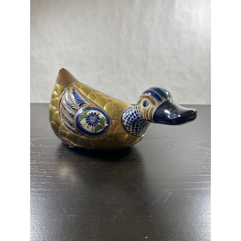 Vintage Tonala Mexico Brass and Pottery Duck Figurine El Palomar Style Folk Art