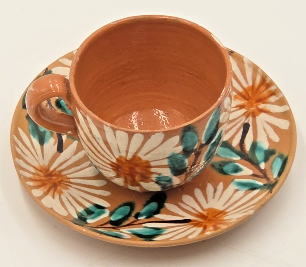 Vintage Hand Painted Mexican Pottery Demitasse Espresso Cup & Saucer Floral Terr