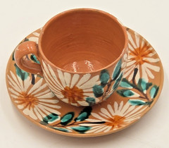 Vintage Hand Painted Mexican Pottery Demitasse Espresso Cup & Saucer Floral Terr