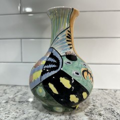 Clay Motif Handpainted 8″ T flower vase abstract yellow flowers black red green