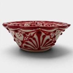 Vintage AIBA Mexico Red Hand Painted Pottery Bowl Scalloped Floral 5.25”