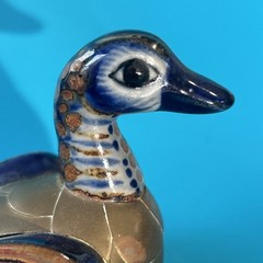 Vintage Mexican Tonala Pottery Folk Art Armored Brass Duck Bird Figurine 4.5”