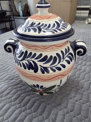 Mexican Inspired Talavera Pottery , Hand Painted Canister, Lg, With Lid!