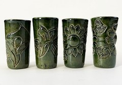 4 MEXICO OAXACA ATZOMPA CERAMIC CLAY BARRO LOZA VERDE GREEN MEZCAL CUPS COPITAS