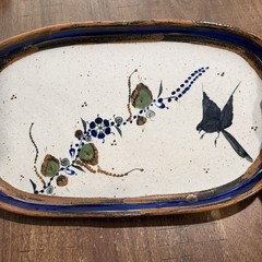 Vtg Tonala Mexican Pottery Platter Large Oval Hand Painted Bird Floral Blue Rim