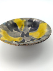 Two Vintage Oaxaca Mexico Majolica Drip Ware Trinket Dishes Yellow/Grey/Black