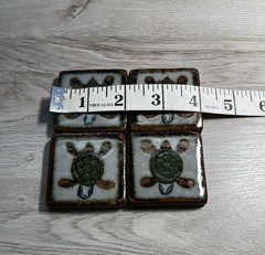 Set Of 4 Tonala Mini Pottery Tiles 2” Square Turtles Green & Brown Hand Painted