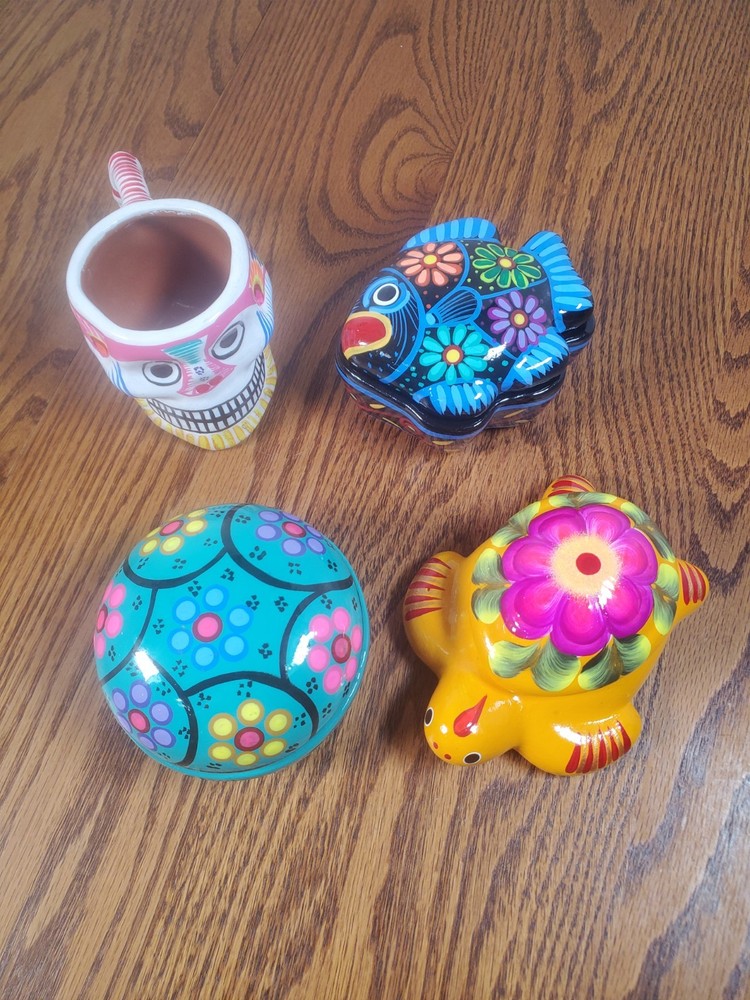 Hand-painted Mexican Clay Trinket Boxes Skull/Fish/Turtle and More Set Of 4