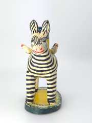 Vintage Mexican Folk Art Candle Holder Handmade Zebra Birds Clay Pottery Large