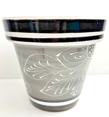 Hand Painted Black & White Talavera Pottery Flowerpot Planter Has Drainage Hole