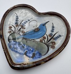 Tonala Mexican Pottery Bird Heart Trinket Dish Ken Edwards Hand Painted