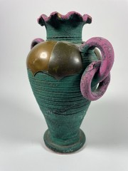 Vintage Mexican Art Pottery Vase Brass Mixed Metal 6″ Teal Purple READ