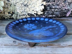 Blue Hummingbird Tripod Clay Plate Handmade Michoacán Mexico Folk Art Small Sz