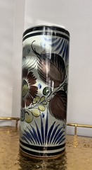 Mexico Tonala Pottery Cylinder Vase Flowers Floral Yellow Blue Green Art D8
