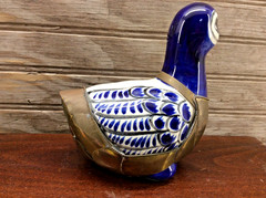 Mexican Tonala Ceramic And Brass Pottery Duck Decor Cobalt Blue Vintage 6″ x 5″