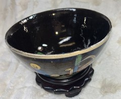 Early 1900’s Tlaquepaque Jalisco Mexico Hand Painted 8” Black Glaze Pottery Bowl