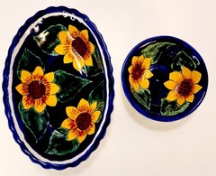 Set of 2 Mexican Pottery Signed Yellow Sunflower Bowls Cobalt Blue Oval & Round