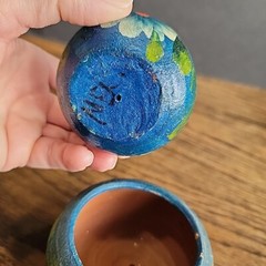 Mexico souvenir pottery hand painted blue set Of 3 tiny Collect Flower Pot Red C