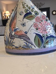 Tonala El Palomar Signed Mexico Pottery Vase w/ Birds Plants & Butterflies. 13”