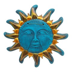 Mexican Folk Art Sun Face Wall Hanging – 12″ Turquoise Blue Copper Brass Metal