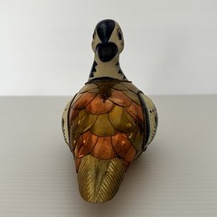 Vintage Tonala Mexican Pottery Duck Hand Painted With Brass & Copper Body