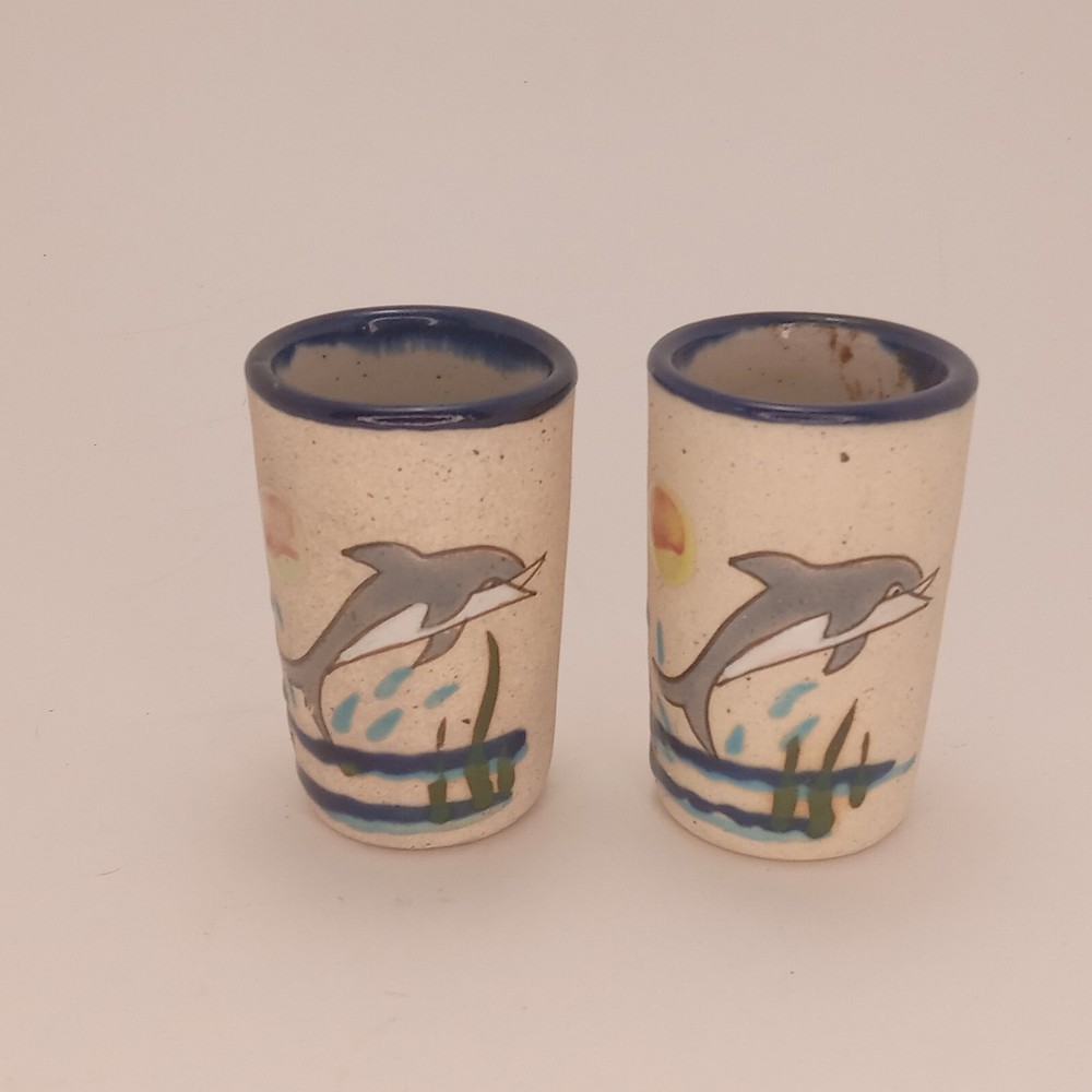 Tonala Mexican Pottery Dolphin Shot Glasses Set of 2 Signed Mexico C.O.