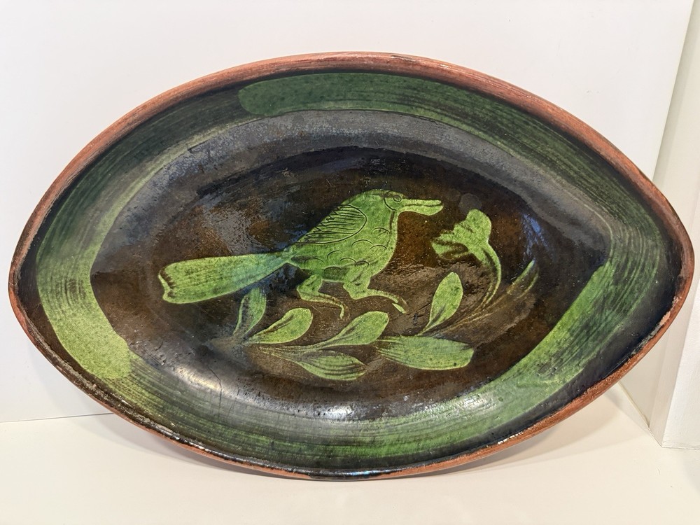 Mid Century Michoacan Patamban Pottery Charger Plate Green Brown Glaze 12.5″
