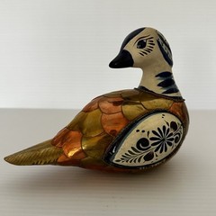 Vintage Tonala Mexican Pottery Duck Hand Painted With Brass & Copper Body