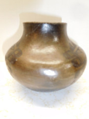 Pre-Columbian Dark Tan w/Black Decorations Glazed Pottery Narrow Neck Bowl