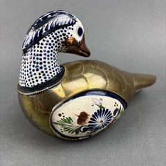 Tonala Mexico Pottery Duck Figurine Armored Brass Scales Hand Painted 5.25×6.75″
