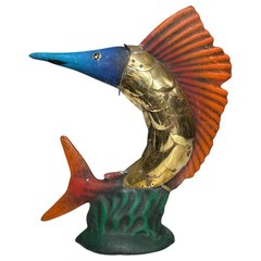 Art Pottery Fish Statue Brass Scales Hand Painted SET OF 2 Angelfish Swordfish