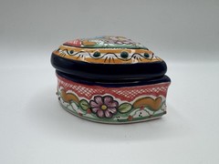 Talavera Pottery Heart Shaped Blue & White Flowers Trinket Box Hand painted