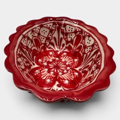 Vintage AIBA Mexico Red Hand Painted Pottery Bowl Scalloped Floral 5.25”