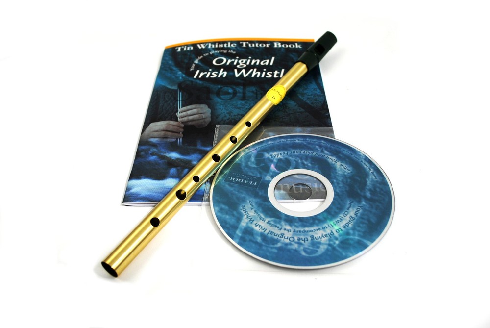 Feadog Brass D Irish Whistle, Tutor Book, CD, Penny, Tinwhistle, 6 Hole