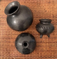 Black Clay Oaxaca Handmade Mexican Folk Art Vessels, Set of 3 Pieces