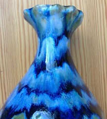 Mexican ceramic chiminea candle holder signed Reyna blue drip glaze tabletop 7½”
