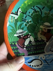 Mexican Folk Art 3 Footed Hand Painted Colorful Round Bowl People Fishing 5”