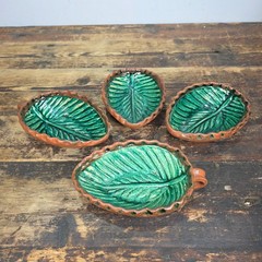 Set of 4 Vintage Patamban Barro Verde Leaf Bowls Green Glazed Mexican Pottery