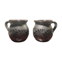 Set of 2 Black Pottery Coffee Mugs Handmade Mexico Talavera Style Folk Art Cups