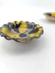 Two Vintage Oaxaca Mexico Majolica Drip Ware Trinket Dishes Yellow/Grey/Black