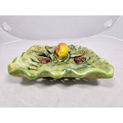 Mexican Majolica Green 3D Folk Art Wall Pottery Mellado Gto Lemon Fruit Wavy