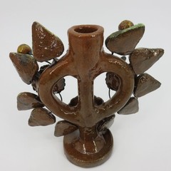 Tree Of Life Pottery Single Candleholder Candelabra Mexican Folk Art Flower Leaf