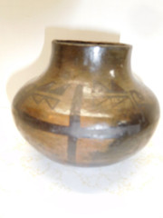 Pre-Columbian Dark Tan w/Black Decorations Glazed Pottery Narrow Neck Bowl
