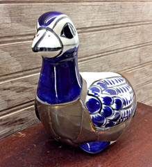 Mexican Tonala Ceramic And Brass Pottery Duck Decor Cobalt Blue Vintage 6″ x 5″
