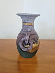 Vintage Mexican Terracotta Pottery Collectible Vase w/Brass Flower Purple – 8″