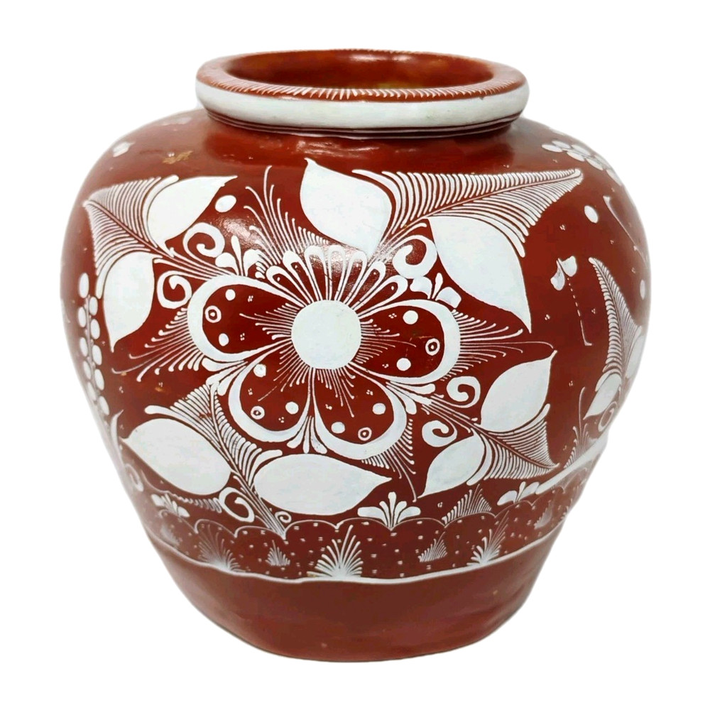 VTG Mexican Terracotta Pottery Redware Floral Vase Pot Hand Painted Folk Art
